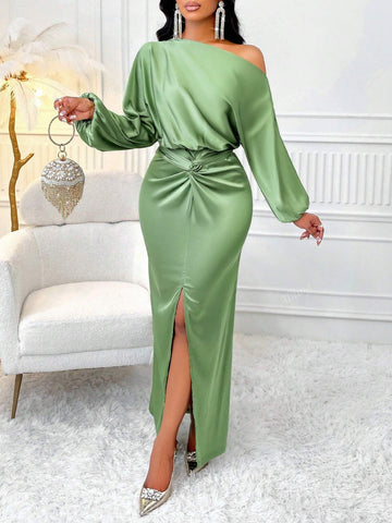 Women's Elegant Solid Color One Shoulder Twist Front Tie Split Thigh Bodycon Dress For Party