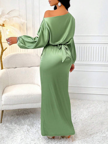 Women's Elegant Solid Color One Shoulder Twist Front Tie Split Thigh Bodycon Dress For Party