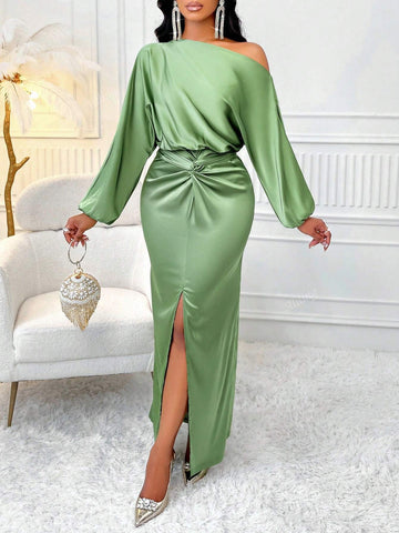 Women's Elegant Solid Color One Shoulder Twist Front Tie Split Thigh Bodycon Dress For Party