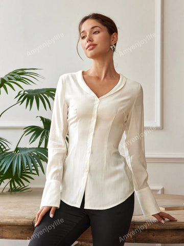 Women's Elegant Solid Color Single-Breasted Shirt, Summer