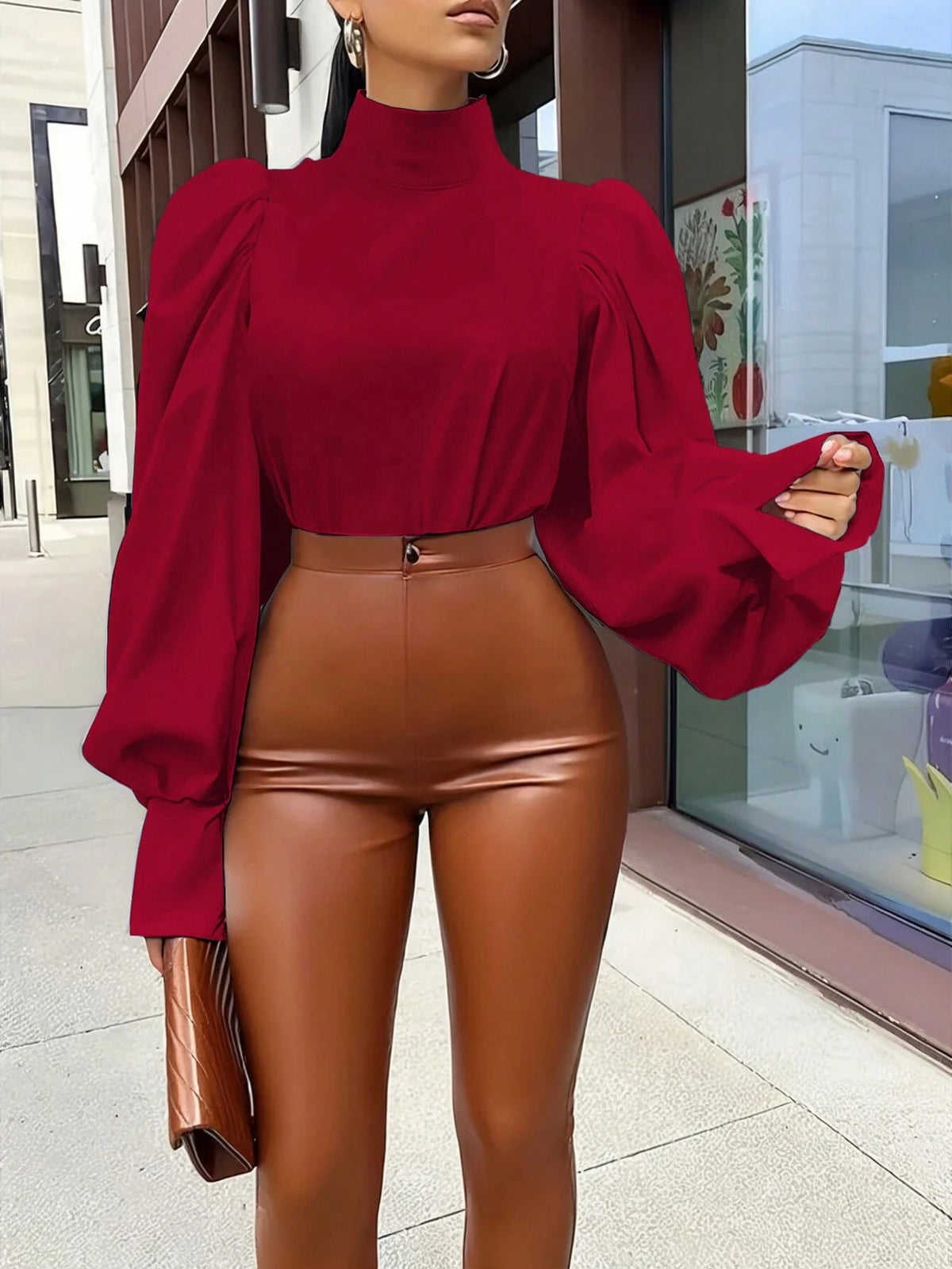 Women's Elegant Solid Color Stand Collar Puff Sleeve Blouse, Spring/Autumn