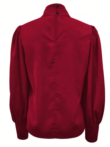 Women's Elegant Solid Color Stand Collar Puff Sleeve Blouse, Spring/Autumn