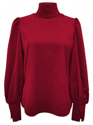 Women's Elegant Solid Color Stand Collar Puff Sleeve Blouse, Spring/Autumn