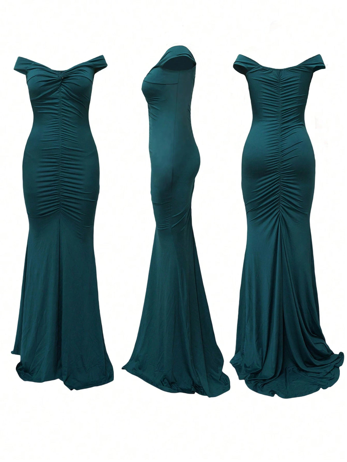 Women's Elegant Solid Color V-Neck Off-Shoulder Ruffle High Slit Maxi Dress With Train