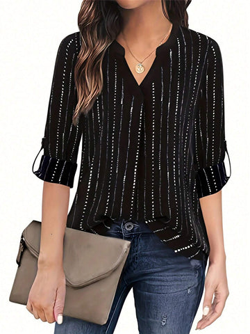 Women's Elegant Striped And Printed Notched V-Neck Rolled Sleeve Shirt, Spring/Summer