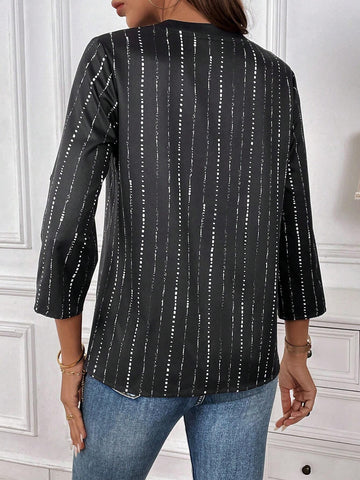 Women's Elegant Striped And Printed Notched V-Neck Rolled Sleeve Shirt, Spring/Summer