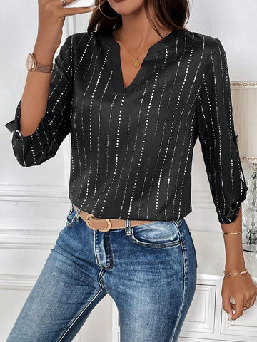 Women's Elegant Striped And Printed Notched V-Neck Rolled Sleeve Shirt, Spring/Summer