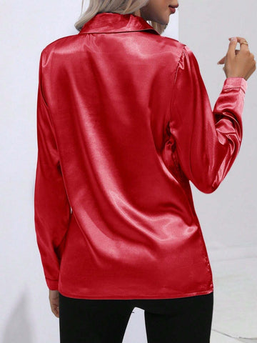 Women's Elegant Turndown Collar Single-Breasted Faux Silk Shirt, Fashion Blouse