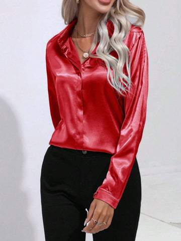 Women's Elegant Turndown Collar Single-Breasted Faux Silk Shirt, Fashion Blouse