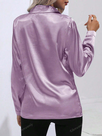 Women's Elegant Turndown Collar Single-Button Faux Silk Satin Long Sleeve Blouse