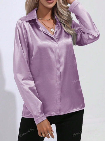 Women's Elegant Turndown Collar Single-Button Faux Silk Satin Long Sleeve Blouse