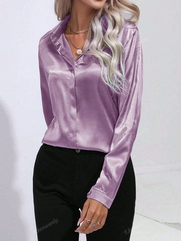 Women's Elegant Turndown Collar Single-Button Faux Silk Satin Long Sleeve Blouse