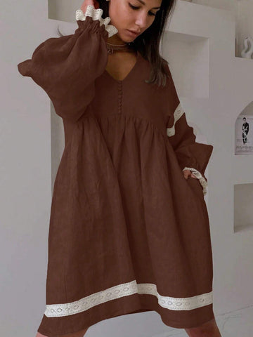 Women's Elegant V-Neck Lantern Sleeve Loose Linen Dress