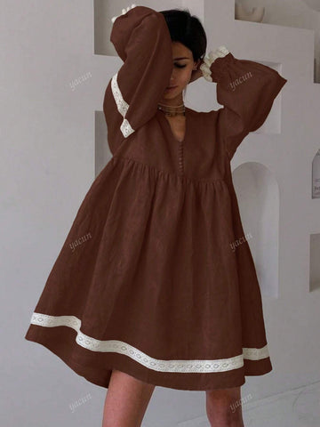 Women's Elegant V-Neck Lantern Sleeve Loose Linen Dress