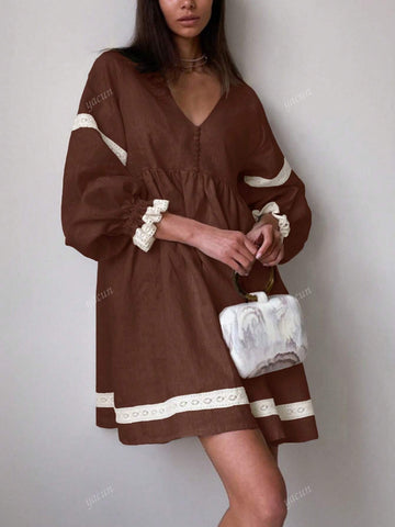 Women's Elegant V-Neck Lantern Sleeve Loose Linen Dress