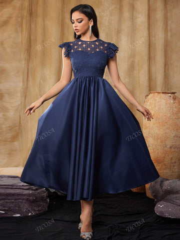 Women's Elegant Vintage Embroidered Cutout Lace Short Sleeve Prom Ball Gown