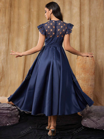 Women's Elegant Vintage Embroidered Cutout Lace Short Sleeve Prom Ball Gown