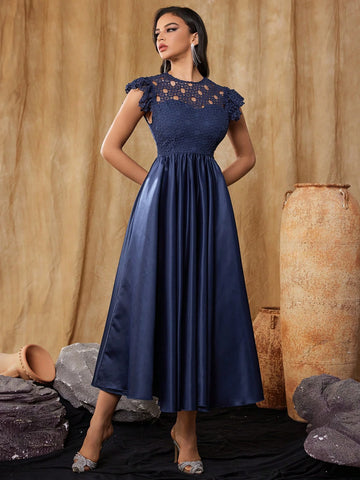 Women's Elegant Vintage Embroidered Cutout Lace Short Sleeve Prom Ball Gown