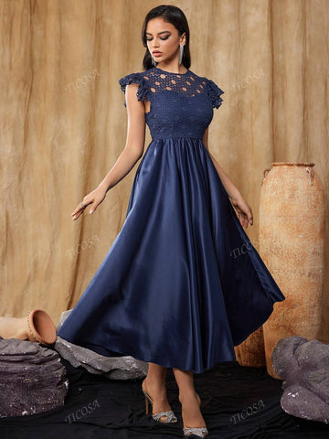 Women's Elegant Vintage Embroidered Cutout Lace Short Sleeve Prom Ball Gown