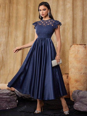 Women's Elegant Vintage Embroidered Cutout Lace Short Sleeve Prom Ball Gown