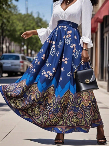Women's Elegant Vintage Floral Printed A-Line Skirt