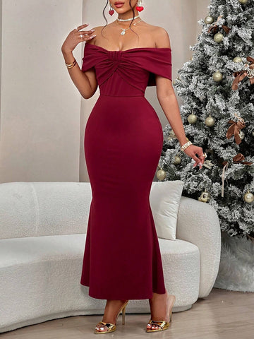 Women's Elegant & Gorgeous Off Should Front Big Bow Mermaid Tail Dress Evening Gown For Dating, Formal Dinner Or Gala Event,Dates, Gatherings, Birthdays, Parties,Christmas For New Year Eve