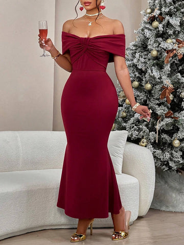 Women's Elegant & Gorgeous Off Should Front Big Bow Mermaid Tail Dress Evening Gown For Dating, Formal Dinner Or Gala Event,Dates, Gatherings, Birthdays, Parties,Christmas For New Year Eve