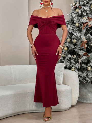 Women's Elegant & Gorgeous Off Should Front Big Bow Mermaid Tail Dress Evening Gown For Dating, Formal Dinner Or Gala Event,Dates, Gatherings, Birthdays, Parties,Christmas For New Year Eve