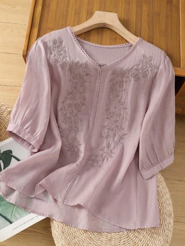 Women's Embroidered Blouse, Thin Loose V-Neck Casual T-Shirt Top
