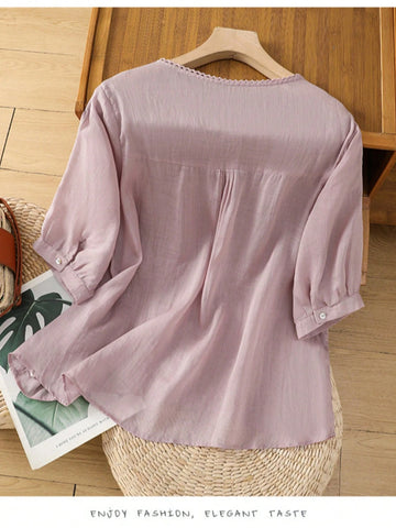 Women's Embroidered Blouse, Thin Loose V-Neck Casual T-Shirt Top