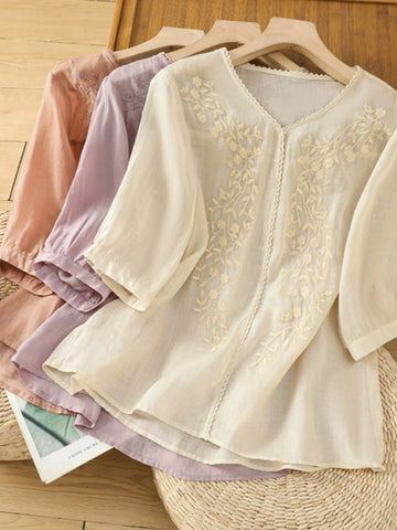 Women's Embroidered Blouse, Thin Loose V-Neck Casual T-Shirt Top