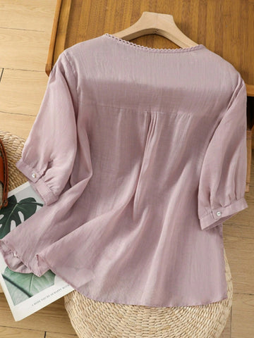 Women's Embroidered Blouse, Thin Loose V-Neck Casual T-Shirt Top