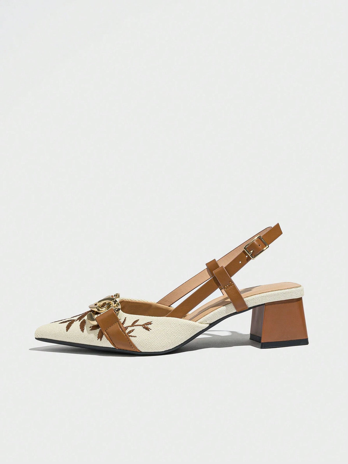 Women's Embroidered Floral Chain Decor Pointed Toe Slingback High Heel Pumps,