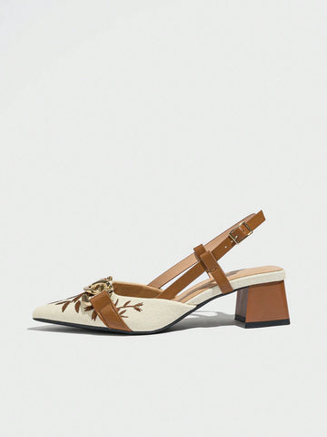 Women's Embroidered Floral Chain Decor Pointed Toe Slingback High Heel Pumps,