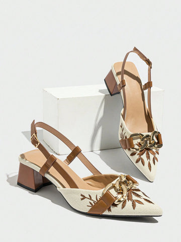 Women's Embroidered Floral Chain Decor Pointed Toe Slingback High Heel Pumps,