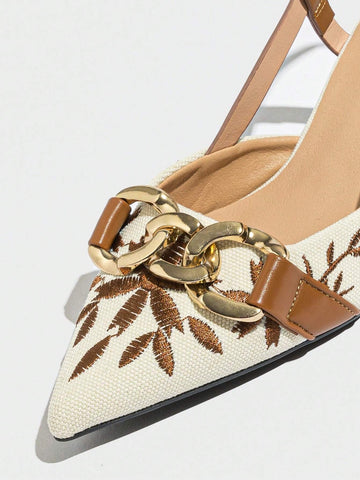 Women's Embroidered Floral Chain Decor Pointed Toe Slingback High Heel Pumps,