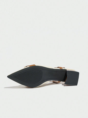 Women's Embroidered Floral Chain Decor Pointed Toe Slingback High Heel Pumps,