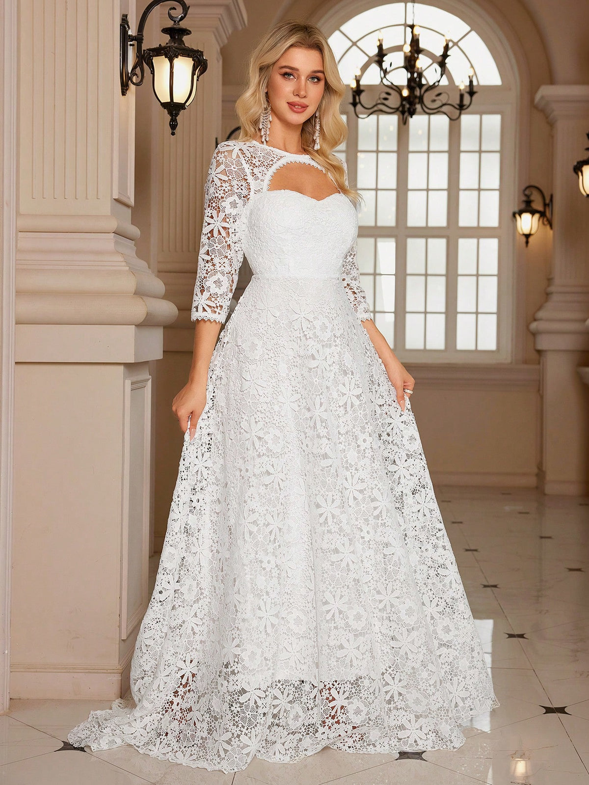 Women's Embroidered Lace Nine-Quarter Sleeve Elegant Fishtail Wedding Dress/Gown With Backless Design, Waist-Cinching And Extra Wide Hem