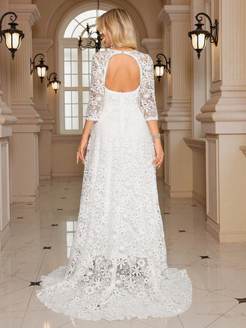 Women's Embroidered Lace Nine-Quarter Sleeve Elegant Fishtail Wedding Dress/Gown With Backless Design, Waist-Cinching And Extra Wide Hem