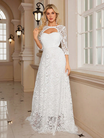 Women's Embroidered Lace Nine-Quarter Sleeve Elegant Fishtail Wedding Dress/Gown With Backless Design, Waist-Cinching And Extra Wide Hem
