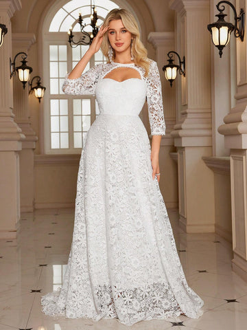 Women's Embroidered Lace Nine-Quarter Sleeve Elegant Fishtail Wedding Dress/Gown With Backless Design, Waist-Cinching And Extra Wide Hem