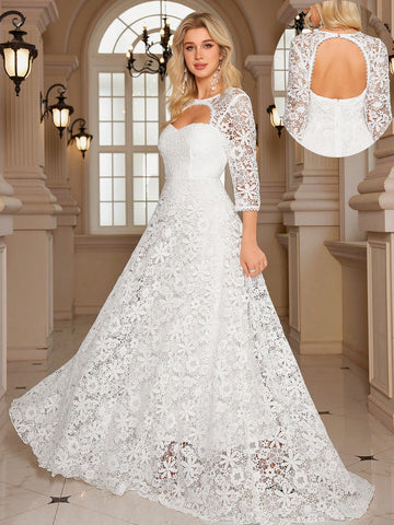 Women's Embroidered Lace Nine-Quarter Sleeve Elegant Fishtail Wedding Dress/Gown With Backless Design, Waist-Cinching And Extra Wide Hem