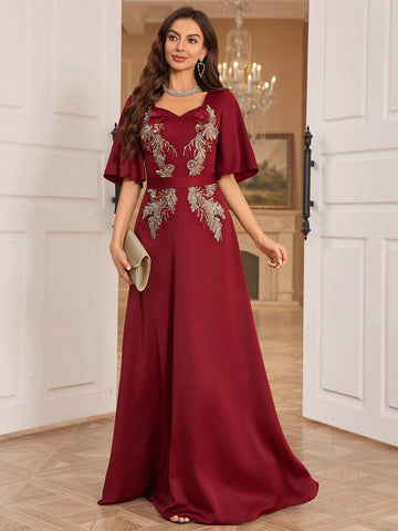 Women's Embroidered Sequin Decoration Sweetheart Neck Evening Dress