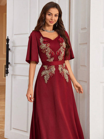 Women's Embroidered Sequin Decoration Sweetheart Neck Evening Dress