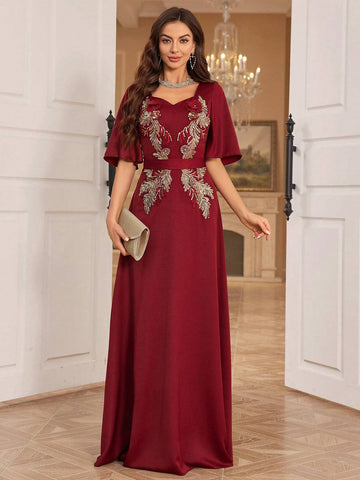 Women's Embroidered Sequin Decoration Sweetheart Neck Evening Dress
