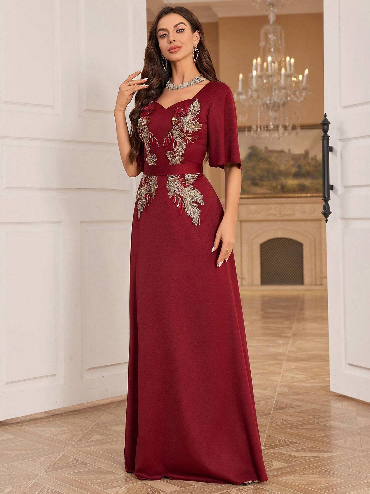 Women's Embroidered Sequin Decoration Sweetheart Neck Evening Dress