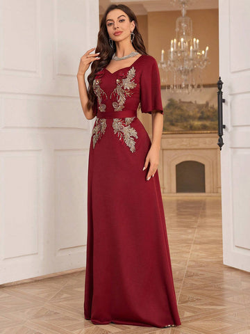 Women's Embroidered Sequin Decoration Sweetheart Neck Evening Dress