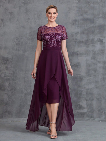 Womens' Embroidered Sequins Contrast Chiffon Dress