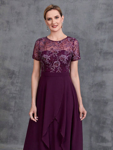 Womens' Embroidered Sequins Contrast Chiffon Dress