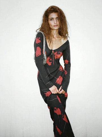 Women's European & American Style Contrast Color Abstract Print V-Neck Tie Backless High Waist Bodycon Dress